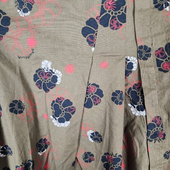 Skunkfunk Olive Green Floral Print Pleated Flowy Skirt Raw Hem Grunge - Picture 2 of 5